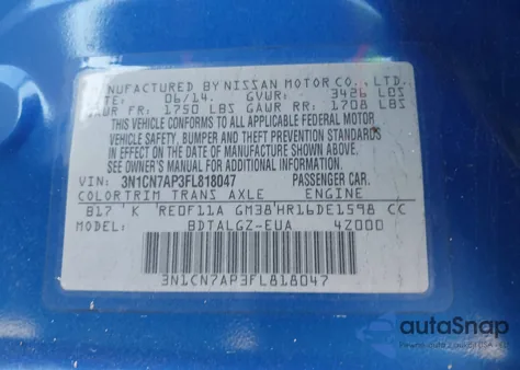 2015 Nissan Versa 1.6 Sl из США, поврежденный, VIN 3N1CN7AP3FL818047